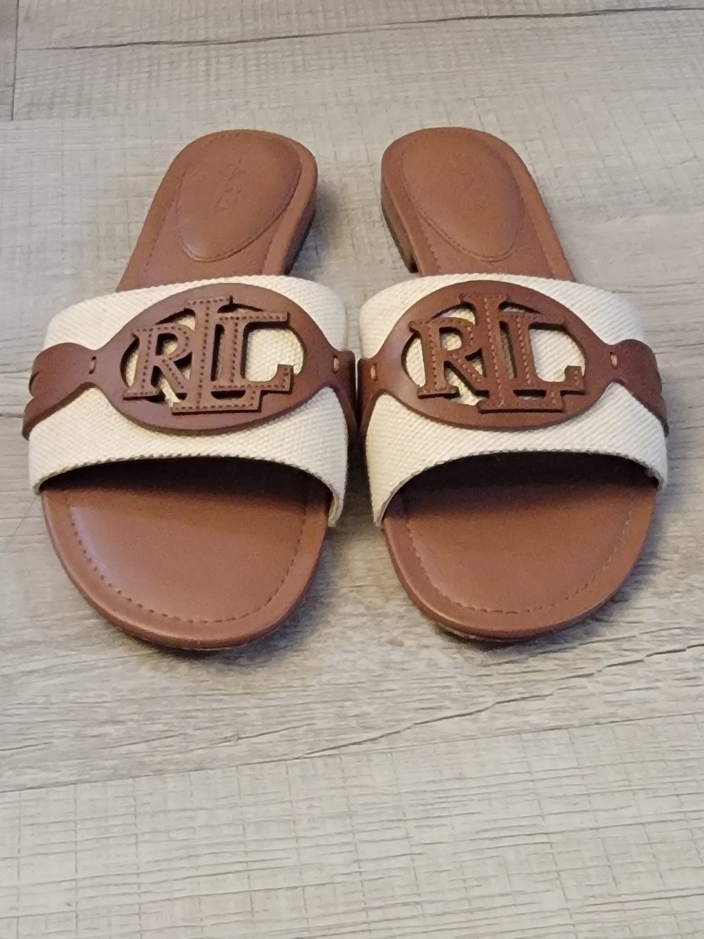 Polo by Ralph Lauren Cream and Brown Slide Sandals with Monogram Accent